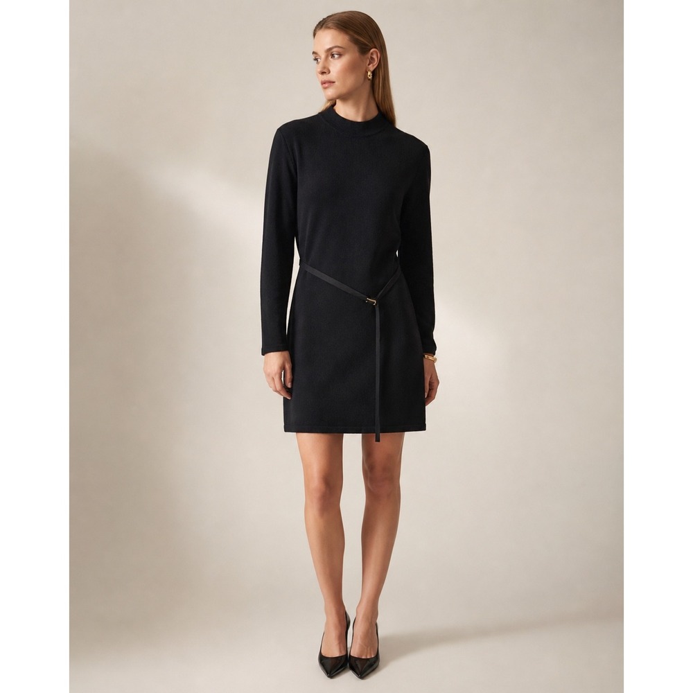 St. John Knits Black Santana Knit Mock Neck Belted Long Sleeve Dress Size 8